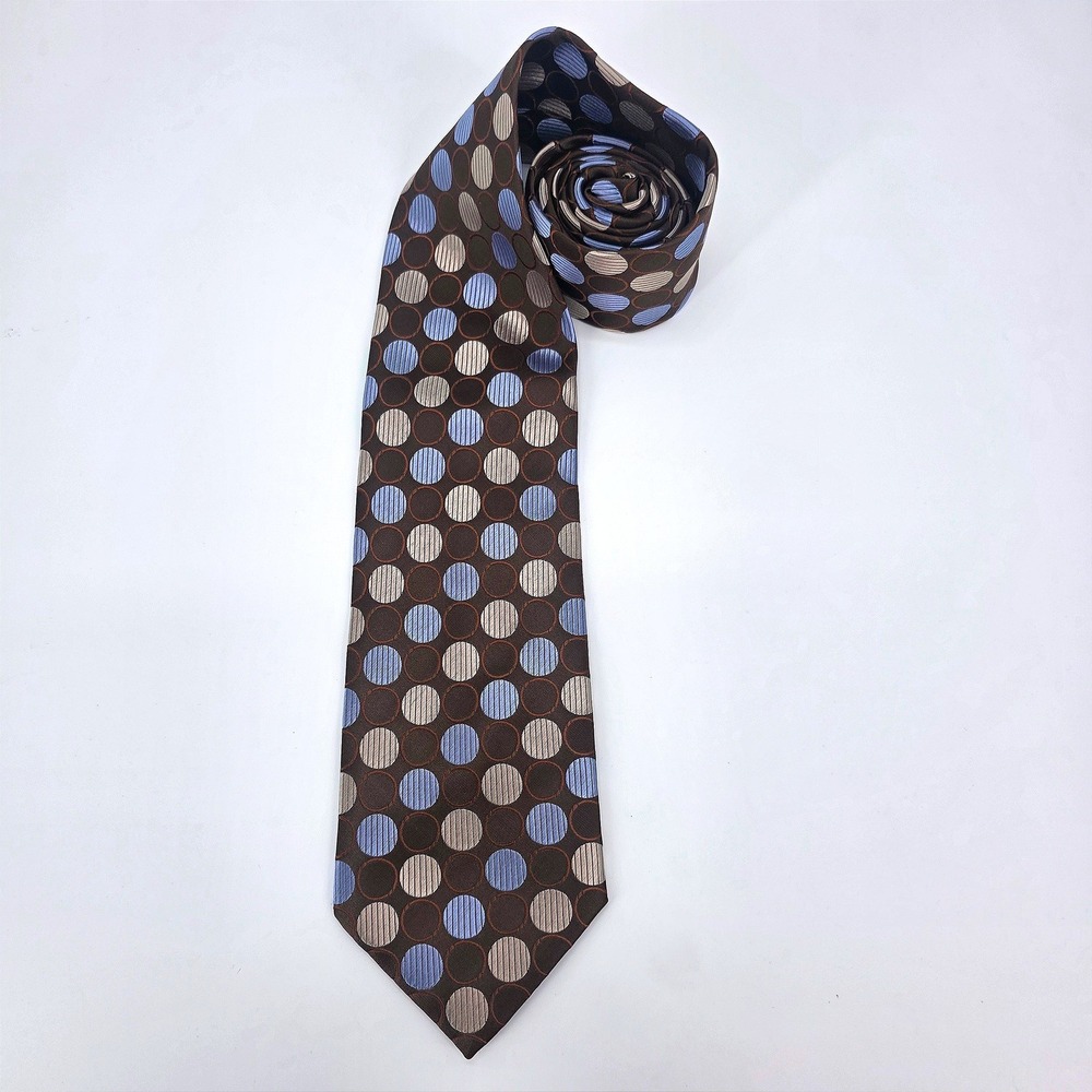 Ferucci Mens Silk Necktie Brown Blue Tan Geometric Circle Polka Dot Handmade